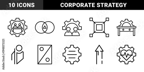 Business management and workflow icon set. Vector pictograms of gears, meeting, team, network, diagram, growth, heart, and table, thin outline illustration.