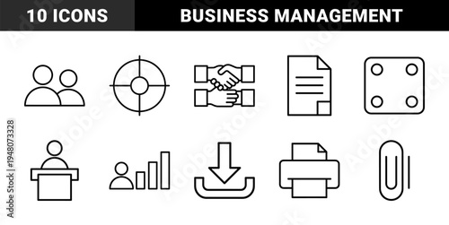 Business and office management line icon set. Vector pictograms of document, target, handshake, chart, podium, download, dice, calendar, and printer illustration.