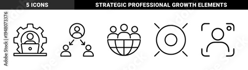 Business and management line icon set. Vector pictograms of hierarchy, global networking, remote work, target, and focal point, thin outline illustration.