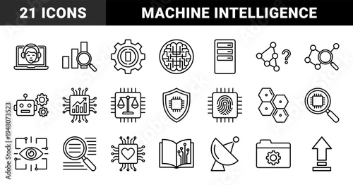 Artificial intelligence line icon set. Vector pictograms of neural networks, processor chips, robotic vision, data analysis, and digital security, thin outline illustration.