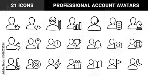 Business and professional user line icon set. Vector pictograms of avatars with star, chart, pencil, headset, code, database, trophy, and clock, thin outline illustration.