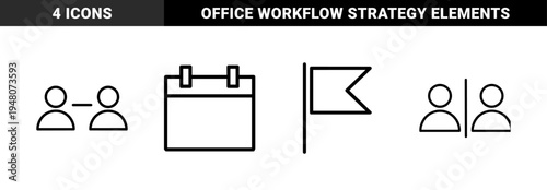 Business management line icon set. Vector pictograms of networking, calendar, separation, and flag, thin outline illustration.
