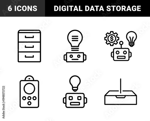 Artificial intelligence icon set. Vector pictograms of robot heads, light bulbs, filing cabinet, and remote control, thin black outline illustration.