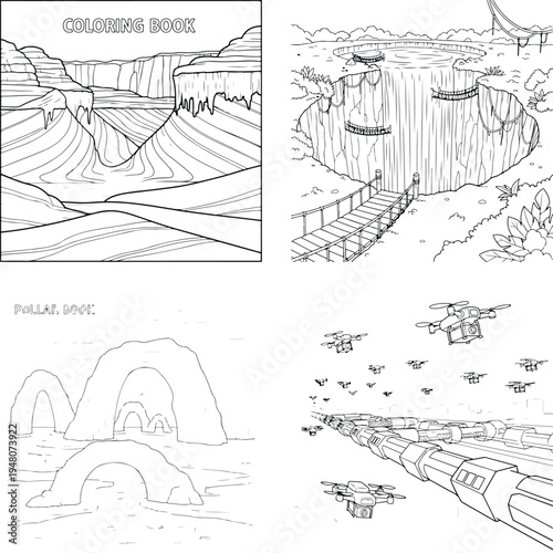 Subway station interior for coloring book graphic with line art with black and white