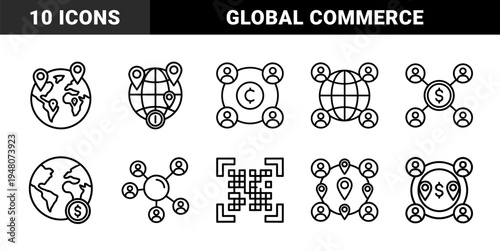 Global business line icon set. Vector pictograms of globe, people, currency, qr code, location pin, and financial network, thin outline illustration.