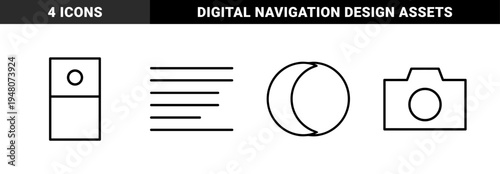 Interface line icon set. Vector pictograms of text alignment, toggle switch, crescent moon, and photography camera, thin black outline illustration.