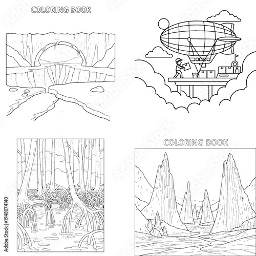 Outdoor stairway to temple for coloring book illustration with line art with black and white