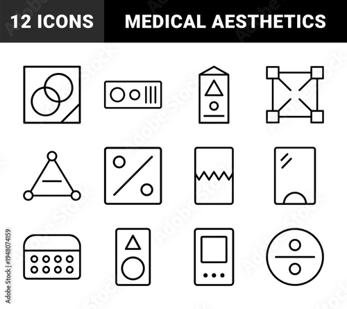 Cosmetic surgery and dermatology icon set. Vector glyph pictograms of syringe, laser, bandage, scalpel, and chemical peel, black silhouette illustration.