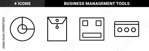 Business and office management icon set. Vector pictograms of a pie chart, string envelope, computer interface, and payment card, thin outline illustration.