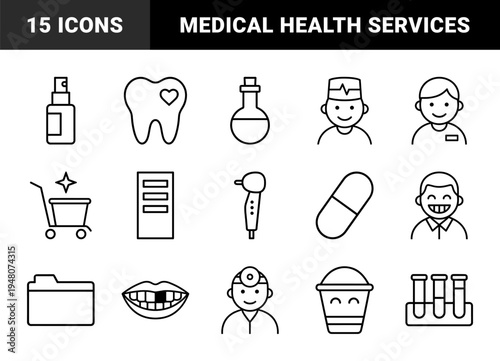 Dental and medical health icon set. Vector pictograms of dentist, tooth, capsule, drill, patient, mouth, folder, and lab equipment, thin outline illustration.