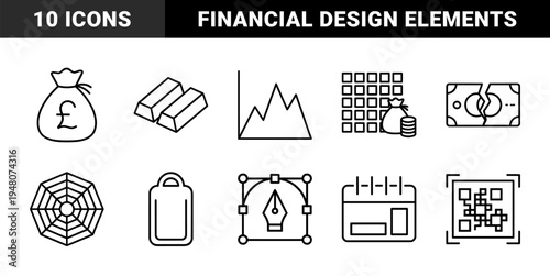 Finance and design line icon set. Vector pictograms of currency bag, growth chart, gold bars, broken banknote, web, pen tool, board, and calendar, thin outline illustration.
