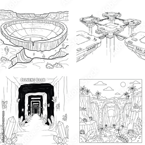 Greenhouse interior with plants for coloring book design with line art with black and white