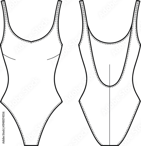 Women high cut one piece bodysuit swimsuit technical fashion flat sketch front and back view swimwear apparel template