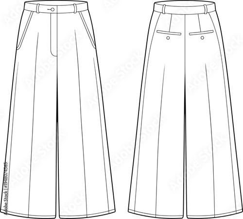 Wide leg pants technical drawing front and back view, high waist trousers vector template with belt and pockets apparel design