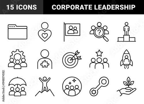 Business and leadership icon set. Vector pictograms of team, target, strategy, growth, success, puzzle, rocket, and mountain, thin outline illustration.