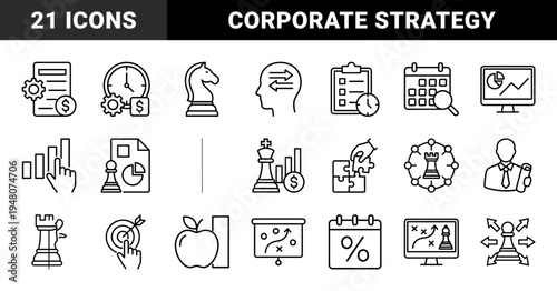 Business strategy line icon set. Vector pictograms of chess pieces, charts, calendar, lightbulb, gears, target, and planning documents, thin outline illustration.