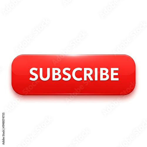 Glossy red subscribe button with white bold text isolated on white background for social media