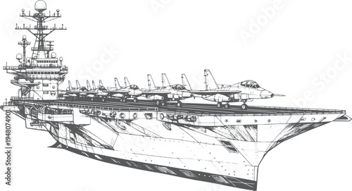 Aircraft Carrier Warship Side Profile Vector Line Art, Military Naval Vessel with Flight Deck Radar Tower and Fighter Jets on Deck, Detailed Navy Warship Outline