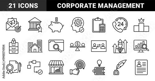 Business and finance line icon set. Vector pictograms of calculator, piggy bank, buildings, chart, certificate, and office documents, thin outline illustration.