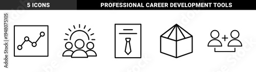 Business management icon set. Vector pictograms of document, tie, team, leadership, growth chart, partnership, and shipping box, thin black outline illustration.