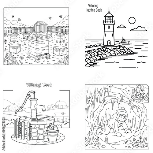 Coloring page set: ancient city, lighthouse, water well, and cave explorer scenes
