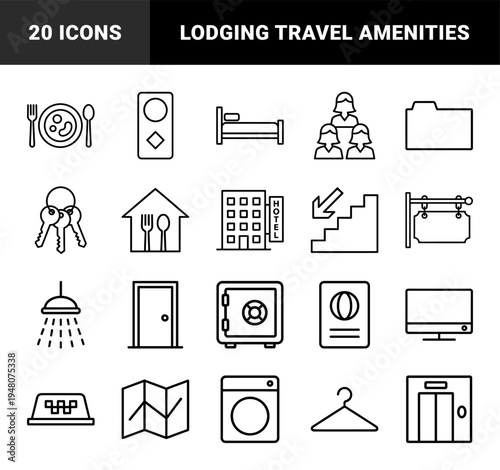 Hotel and travel line icon set. Vector pictograms of bed, keys, building, shower, safe, television, map, hanger, elevator, and taxi, thin outline illustration.