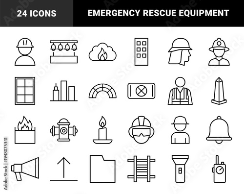 Firefighting and emergency safety line icon set. Vector pictograms of fireman, extinguisher, hydrant, ladder, alarm bell, and flashlight, thin outline illustration.