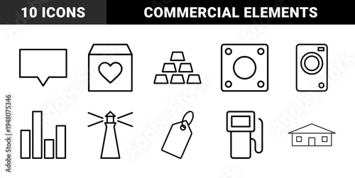 Business and commerce line icon set. Vector pictograms of heart box, gold bars, chat bubble, tag, chart, lighthouse, house, and fuel pump, thin outline illustration.