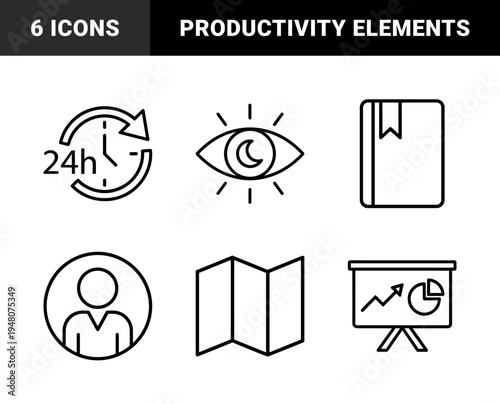 Business and productivity line icon set. Vector pictograms of clock, battery, map, chart, user, book, and eye, thin outline illustration.
