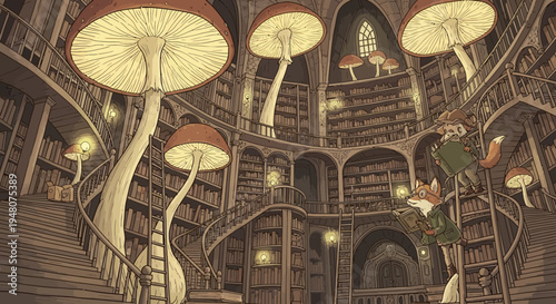 Fantasy Mushrooms Growing Inside Library Structure.
