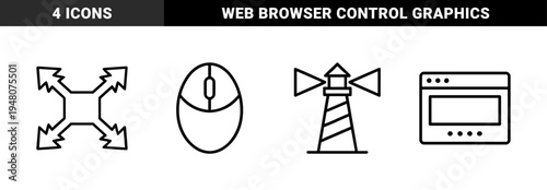 Technology and navigation line icon set. Vector pictograms of computer mouse, four way arrow, lighthouse, and browser window, thin outline illustration.