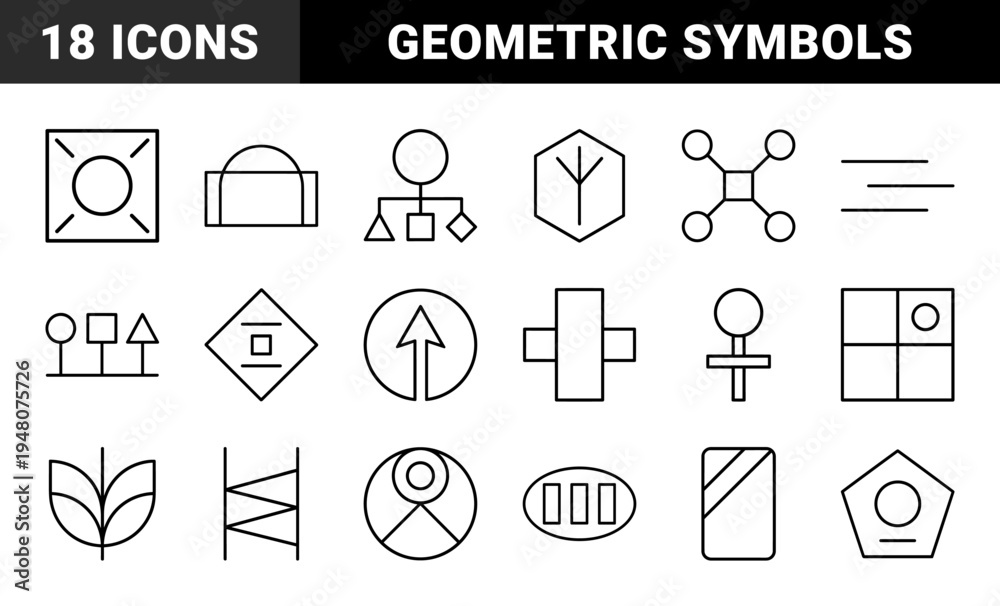 Fototapeta premium Abstract geometric line icon set. Vector pictograms of flowcharts, arrows, connectivity, plants, and data symbols, thin black outline illustration.