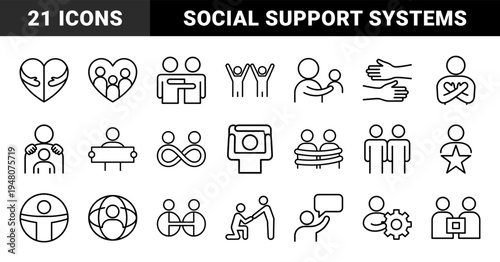 Community and human relationship line icon set. Vector pictograms of support, teamwork, family, hugging, partnership, and unity, thin outline illustration.