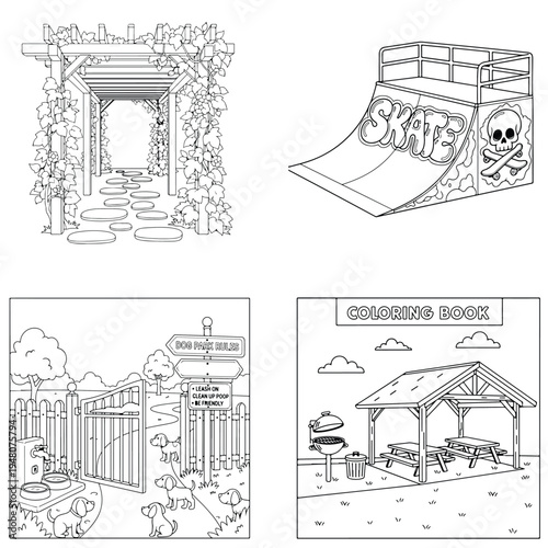 Coloring pages: garden archway, skate park ramp, animal shelter, and picnic gazebo