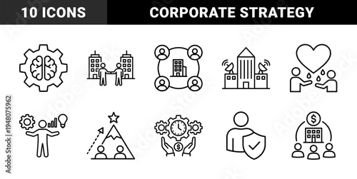 Business management and corporate strategy line icon set. Vector pictograms of buildings, brain, gears, handshake, mountain, clock, and shield, thin outline illustration.