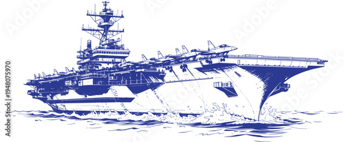 Aircraft Carrier Warship Side Profile Vector Line Art, Military Naval Vessel with Flight Deck Radar Tower and Fighter Jets on Deck, Detailed Navy Warship Outline