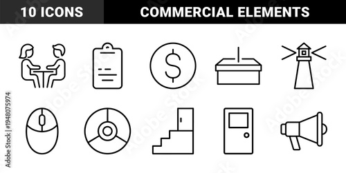 Business and navigation line icon set. Vector pictograms of meeting, money, box, clipboard, lighthouse, mouse, chart, stairs, car, door, and megaphone illustration.
