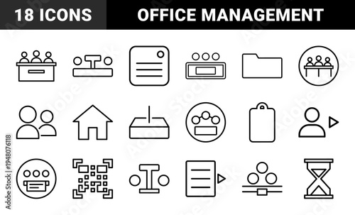 Business and office management line icon set. Vector pictograms of folder, team, meeting, document, house, printer, and hourglass, black outline illustration.
