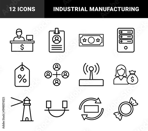 Industrial manufacturing icon set. Vector glyph pictograms of factory, robot, conveyor, gears, welder, and forklift, black silhouette illustration.