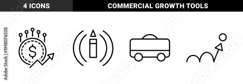Business and finance icon set. Vector pictograms of pencil, currency coin, growth chart, and briefcase, black thin outline illustration.
