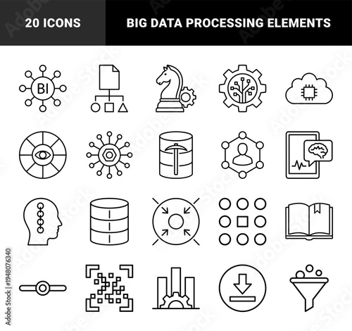 Data science and artificial intelligence icon set. Vector pictograms of database, neural network, binary code, brain, analytics, and strategy, thin outline illustration.