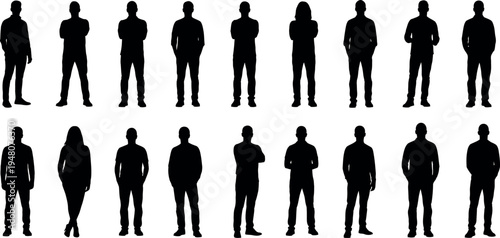 Collection of 14 black silhouettes of people standing in two rows on a white background