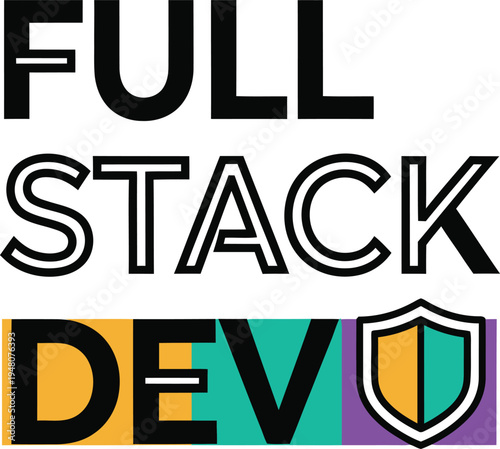 Full Stack Dev Text Logo Vector with Shield Icon for Software Development, Programming, and Web Design Concepts