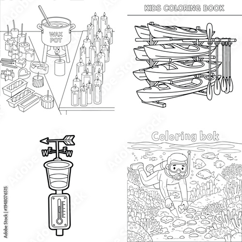 Coloring pages: candle making, kayak rack, weather station, and scuba diver outlines