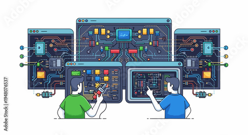 Two workers operate complex control panels in an industrial setting