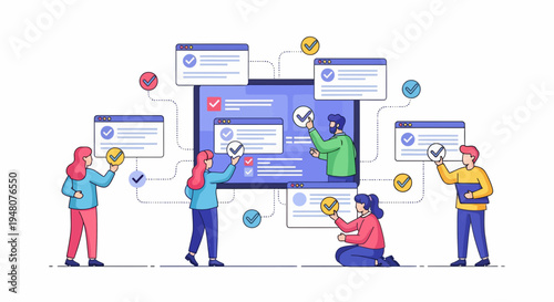 Vibrant illustration of a business data analysis meeting with four persons holding phones, blue and pink clothing, yellow shirt, green backdrop