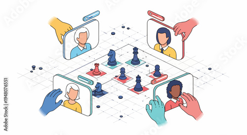 four cartoon characters play a collaborative chess game on separate digital screens