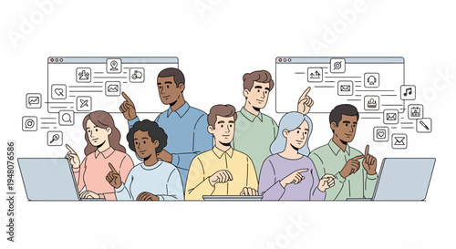 Business data analysis meeting illustration of diverse team collaborating around laptops in a digital workspace, cartoon view