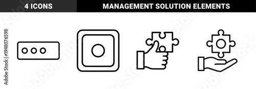 Business management and strategy icon set. Vector pictograms of puzzle pieces, hands, and interface elements, thin outline illustration.
