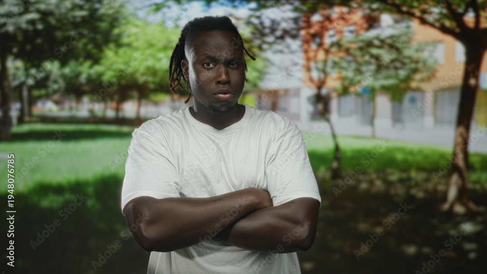 Fototapeta premium Young man with arms crossed in a park wearing white t shirt and dreadlocks facing camera; determination quiet strength.